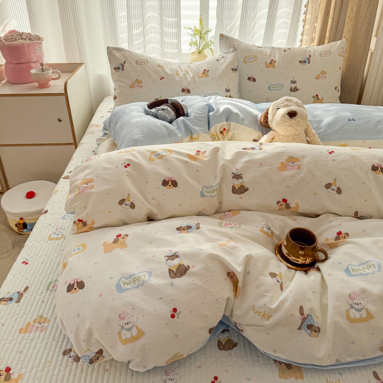 91家纺网 家纺一手货源 找家纺 KA家纺 2026春夏新款全棉床盖款卡通印花四件套 春日萌宠