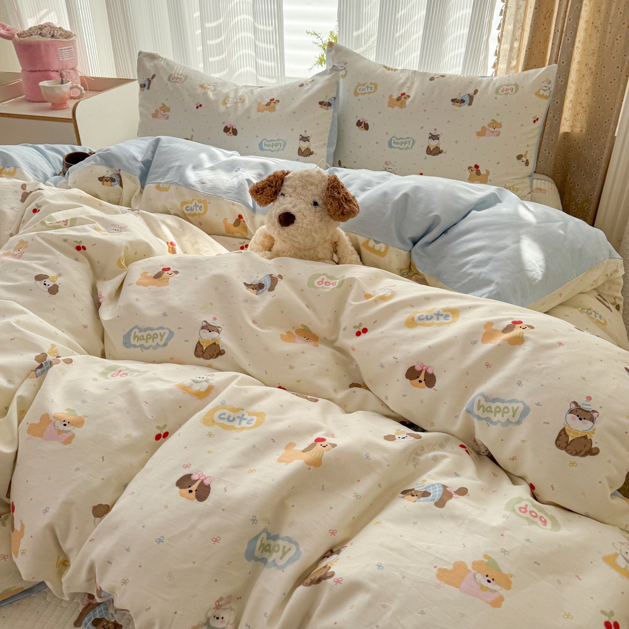 91家纺网 家纺一手货源 找家纺 KA家纺 2026春夏新款全棉床盖款卡通印花四件套 春日萌宠