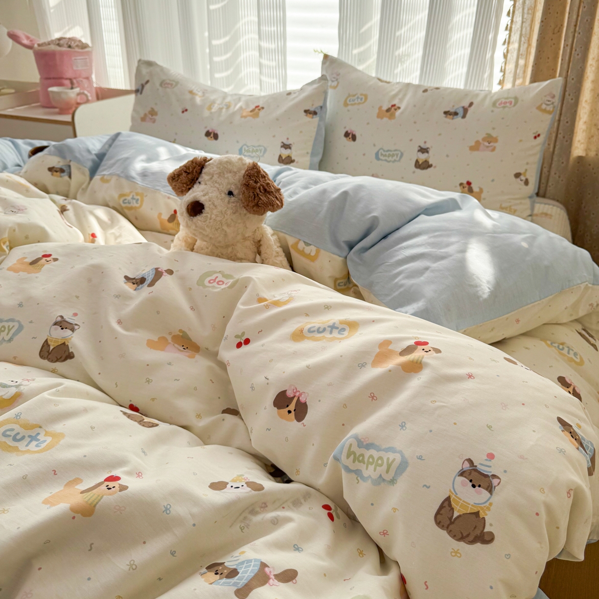 91家纺网 家纺一手货源 找家纺 KA家纺 2026春夏新款全棉床盖款卡通印花四件套 春日萌宠