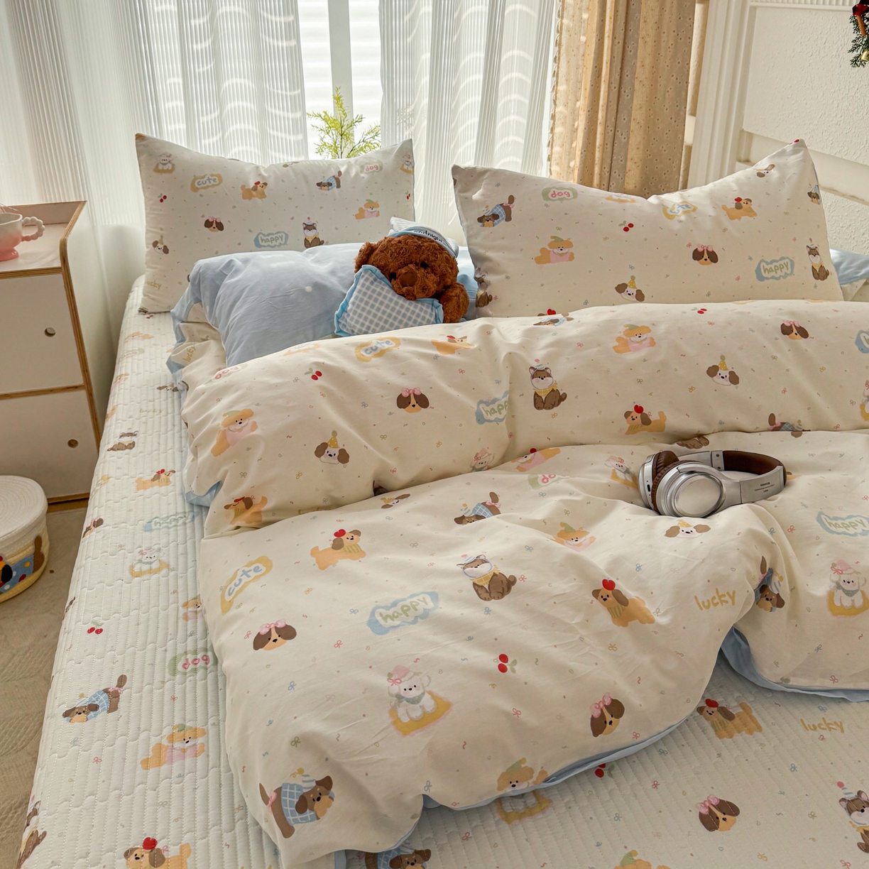 91家纺网 家纺一手货源 找家纺 KA家纺 2026春夏新款全棉床盖款卡通印花四件套 春日萌宠