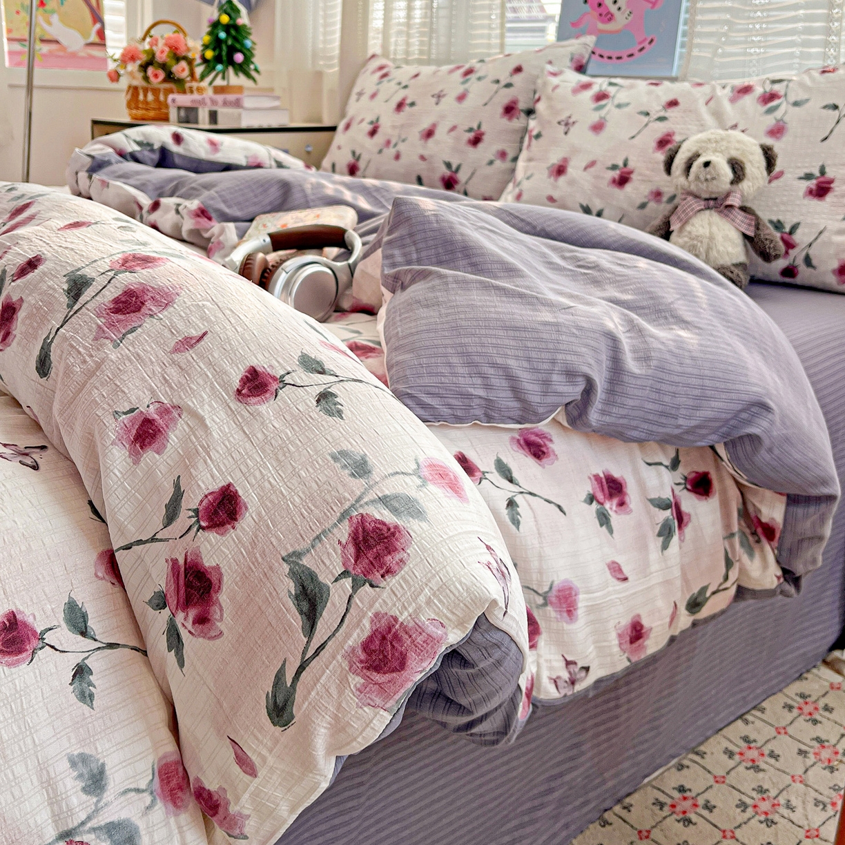 91家纺网 家纺一手货源 找家纺 王朝国际 2026新款A类彩竺棉印花四件套 雾漫玫瑰