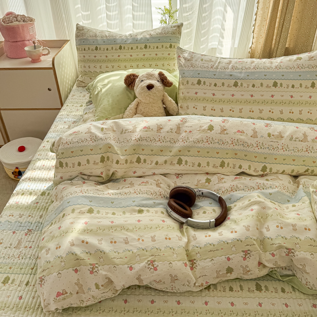 KA家纺 2026春夏新款全棉床盖款卡通印花四件套 田园小兔