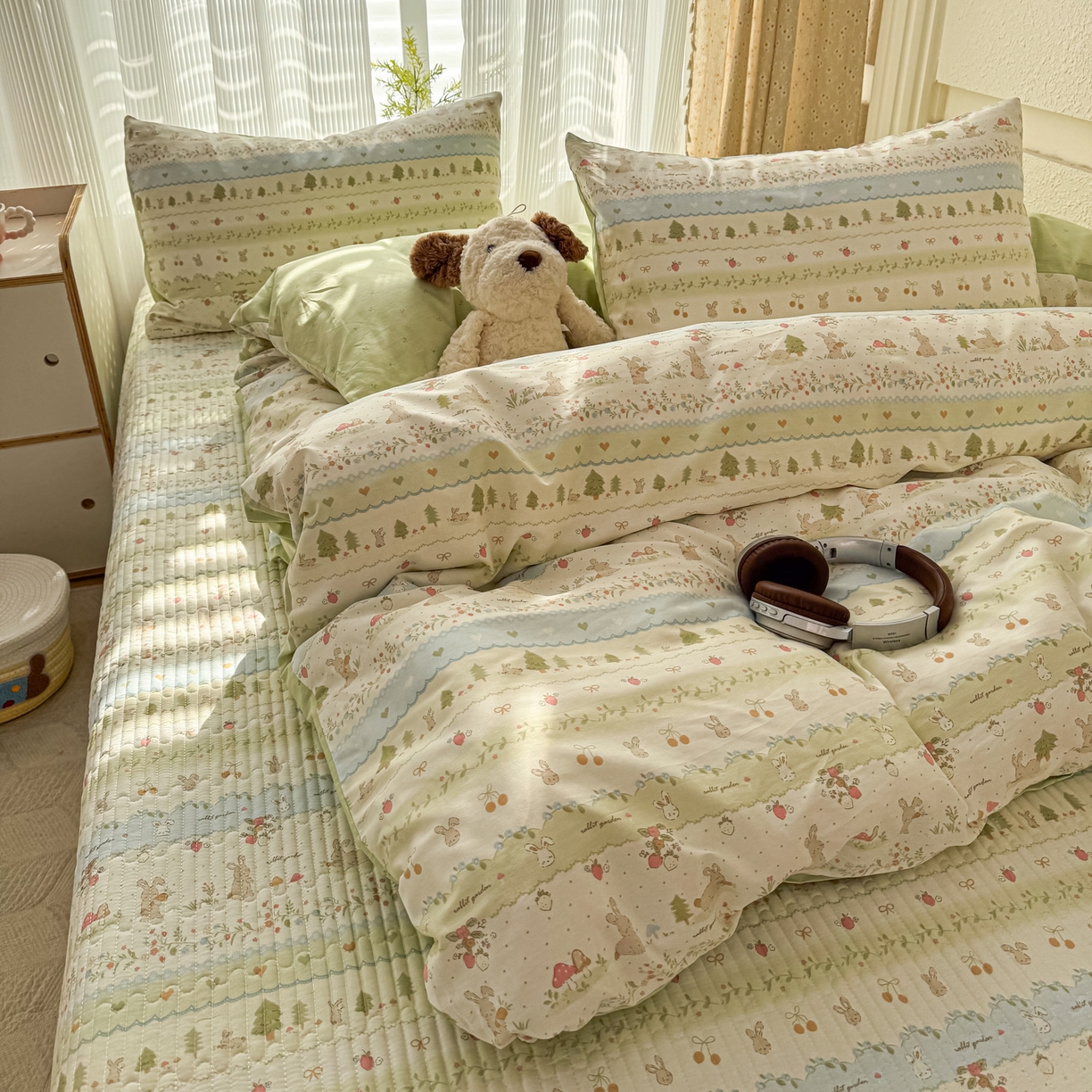 91家纺网 家纺一手货源 找家纺 KA家纺 2026春夏新款全棉床盖款卡通印花四件套 田园小兔