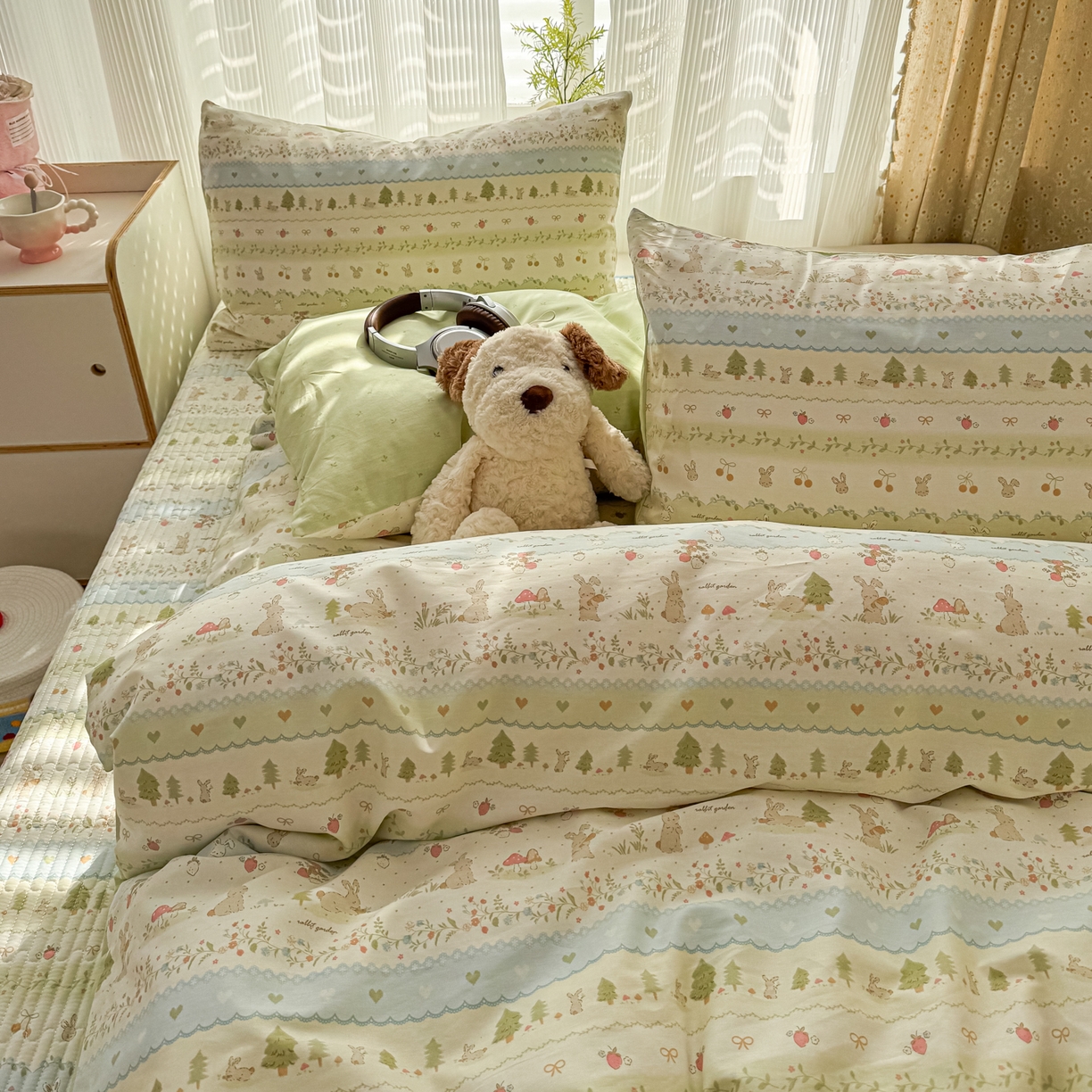 91家纺网 家纺一手货源 找家纺 KA家纺 2026春夏新款全棉床盖款卡通印花四件套 田园小兔