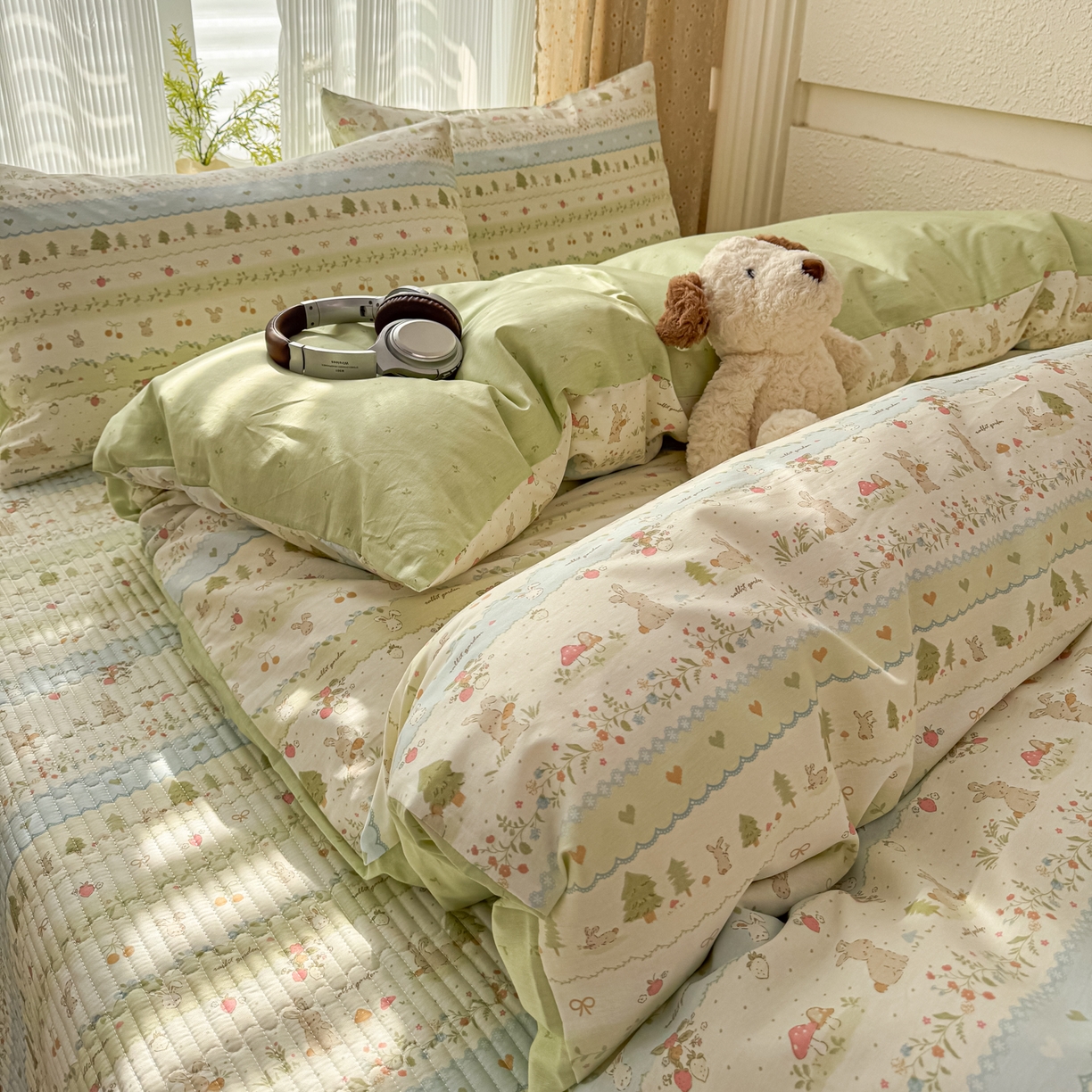 91家纺网 家纺一手货源 找家纺 KA家纺 2026春夏新款全棉床盖款卡通印花四件套 田园小兔