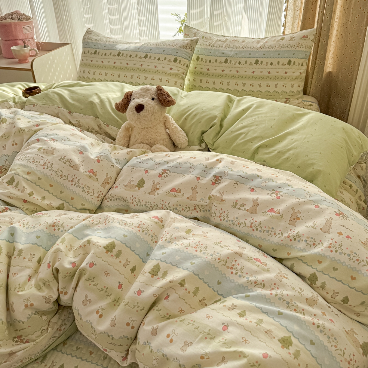 91家纺网 家纺一手货源 找家纺 KA家纺 2026春夏新款全棉床盖款卡通印花四件套 田园小兔