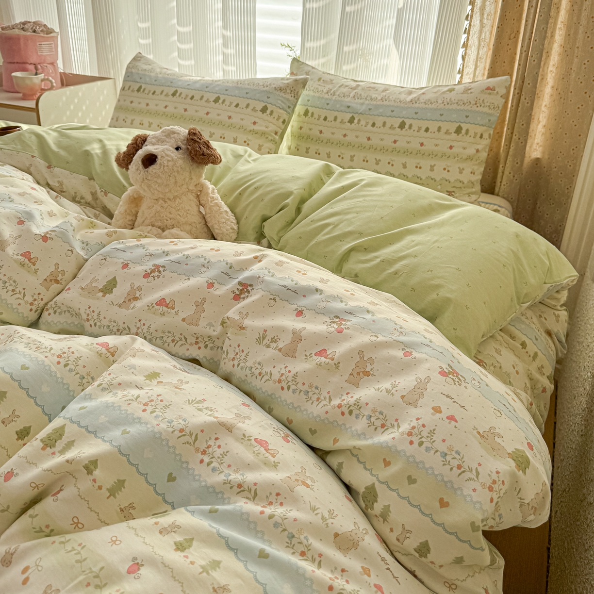 91家纺网 家纺一手货源 找家纺 KA家纺 2026春夏新款全棉床盖款卡通印花四件套 田园小兔