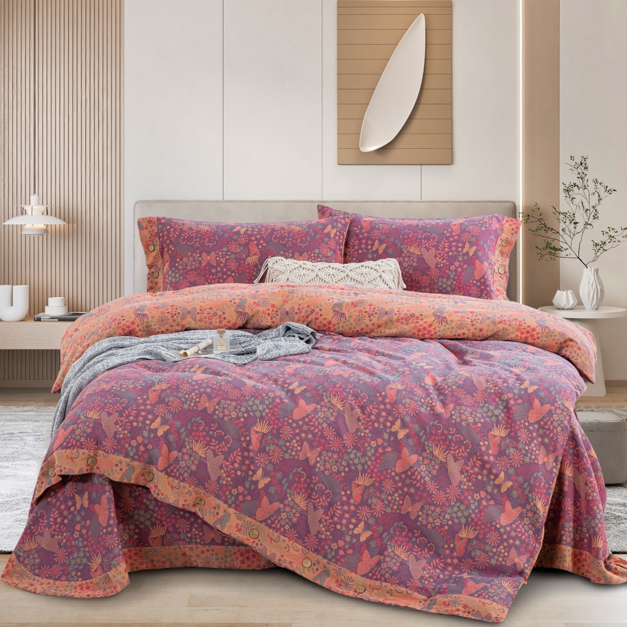 （总）双层纱家居 2026新款全棉纯棉色织提花双层纱纽扣款四件套-蝶恋花