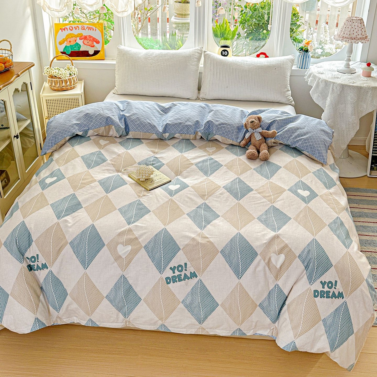 91家纺网 家纺一手货源 找家纺 恩泽家纺 2026新款13372ins全棉印花四件套单品系列-单被套 菱形世界