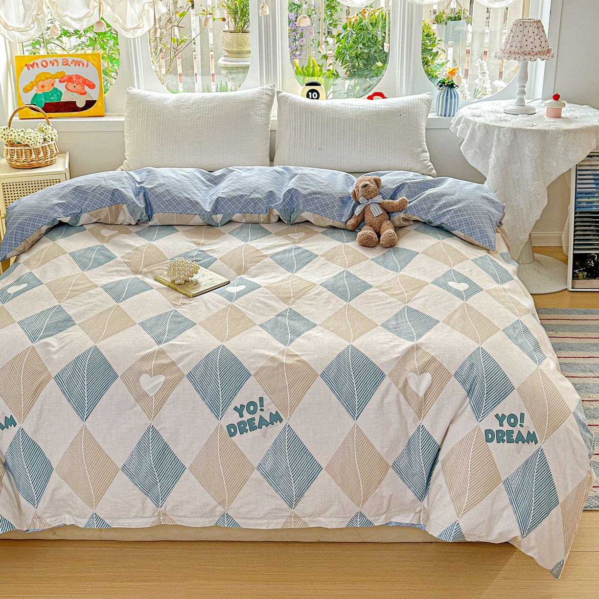 91家纺网 家纺一手货源 找家纺 恩泽家纺 2026新款13372ins全棉印花四件套单品系列-单被套 菱形世界