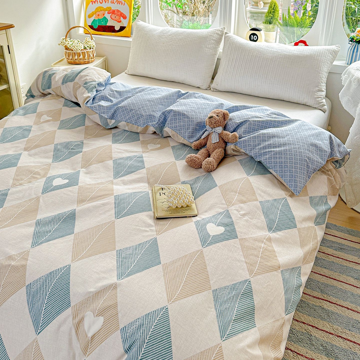 91家纺网 家纺一手货源 找家纺 恩泽家纺 2026新款13372ins全棉印花四件套单品系列-单被套 菱形世界