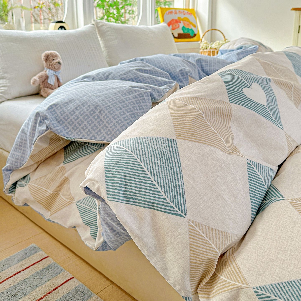 91家纺网 家纺一手货源 找家纺 恩泽家纺 2026新款13372ins全棉印花四件套单品系列-单被套 菱形世界