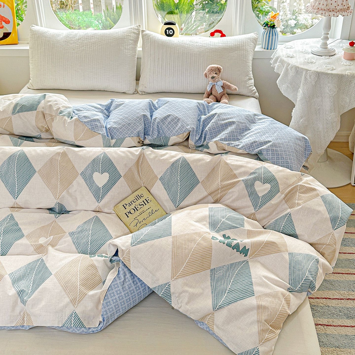 91家纺网 家纺一手货源 找家纺 恩泽家纺 2026新款13372ins全棉印花四件套单品系列-单被套 菱形世界