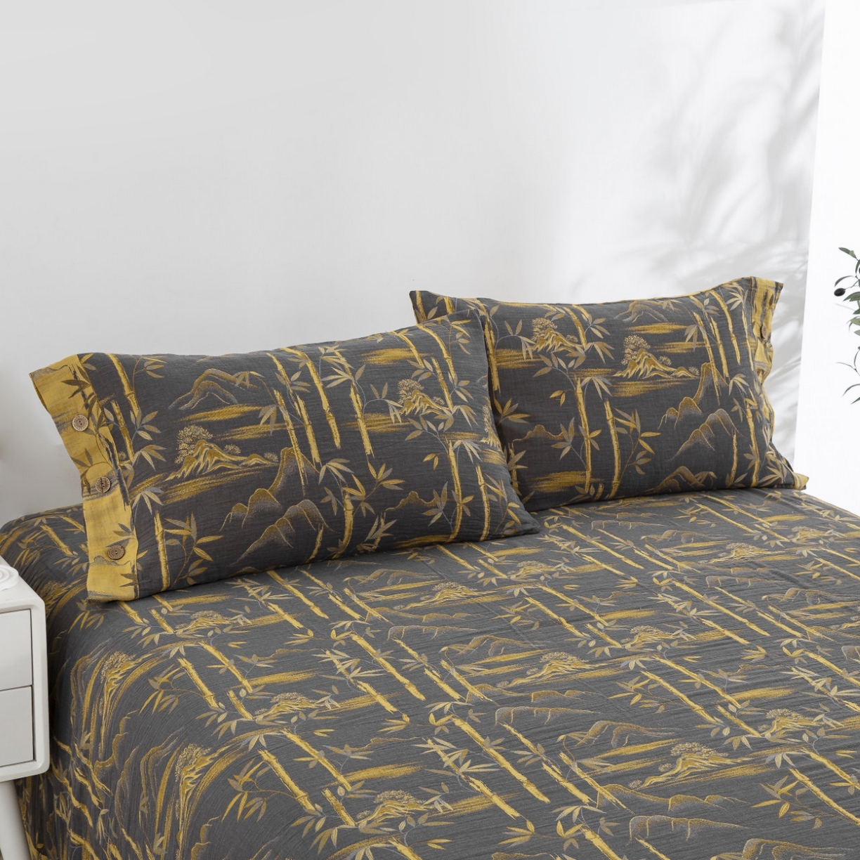 91家纺网 家纺一手货源 找家纺 （总）双层纱家居 2026新款竹报平安全棉纯棉色织提花双层纱纽扣款四件套