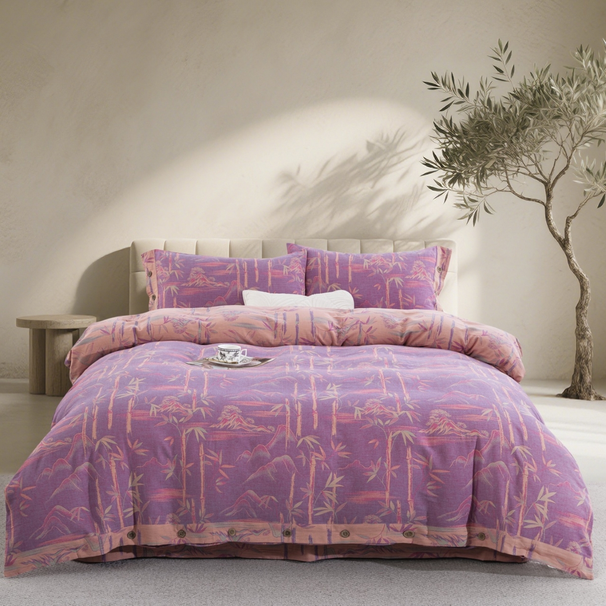 双层纱家居 2026新款竹报平安全棉纯棉色织提花双层纱纽扣款四件套 竹报平安-紫罗兰