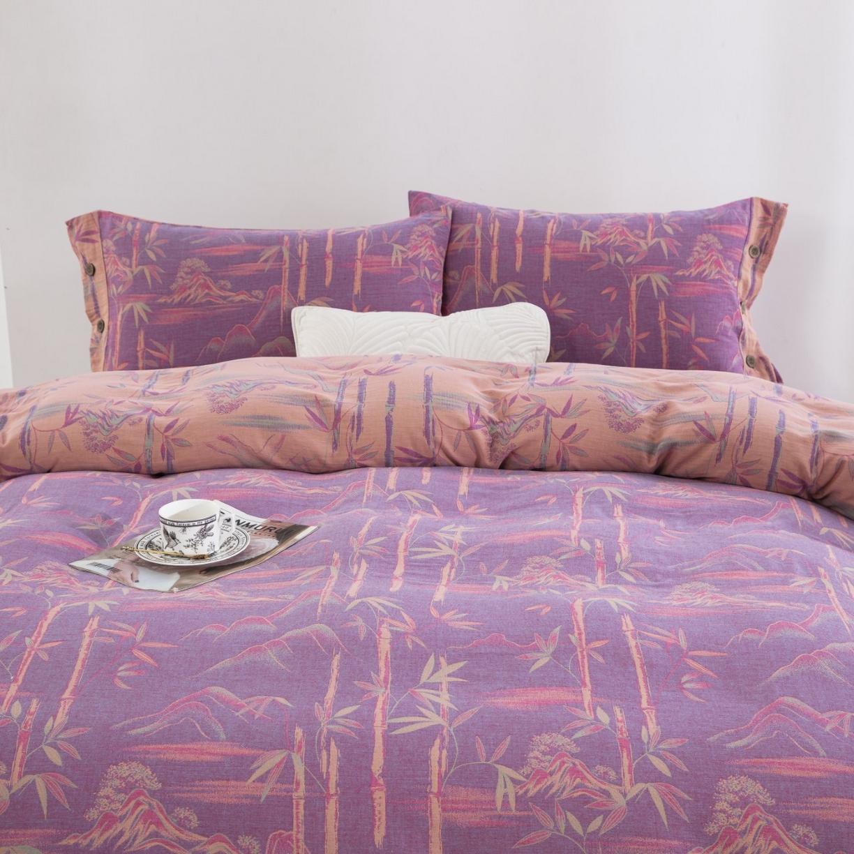 91家纺网 家纺一手货源 找家纺 双层纱家居 2026新款竹报平安全棉纯棉色织提花双层纱纽扣款四件套 竹报平安-紫罗兰