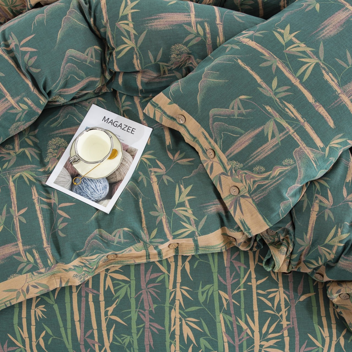 91家纺网 家纺一手货源 找家纺 双层纱家居 2026新款竹报平安全棉纯棉色织提花双层纱纽扣款四件套 竹报平安-绿