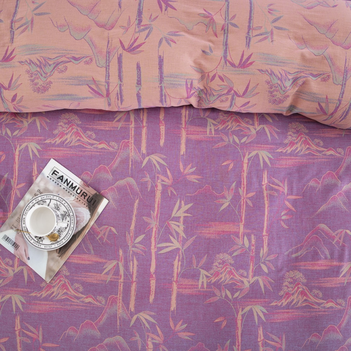 91家纺网 家纺一手货源 找家纺 双层纱家居 2026新款竹报平安全棉纯棉色织提花双层纱纽扣款四件套 竹报平安-紫罗兰