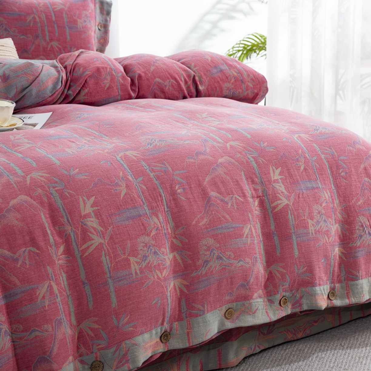 91家纺网 家纺一手货源 找家纺 双层纱家居 2026新款竹报平安全棉纯棉色织提花双层纱纽扣款四件套 竹报平安-粉