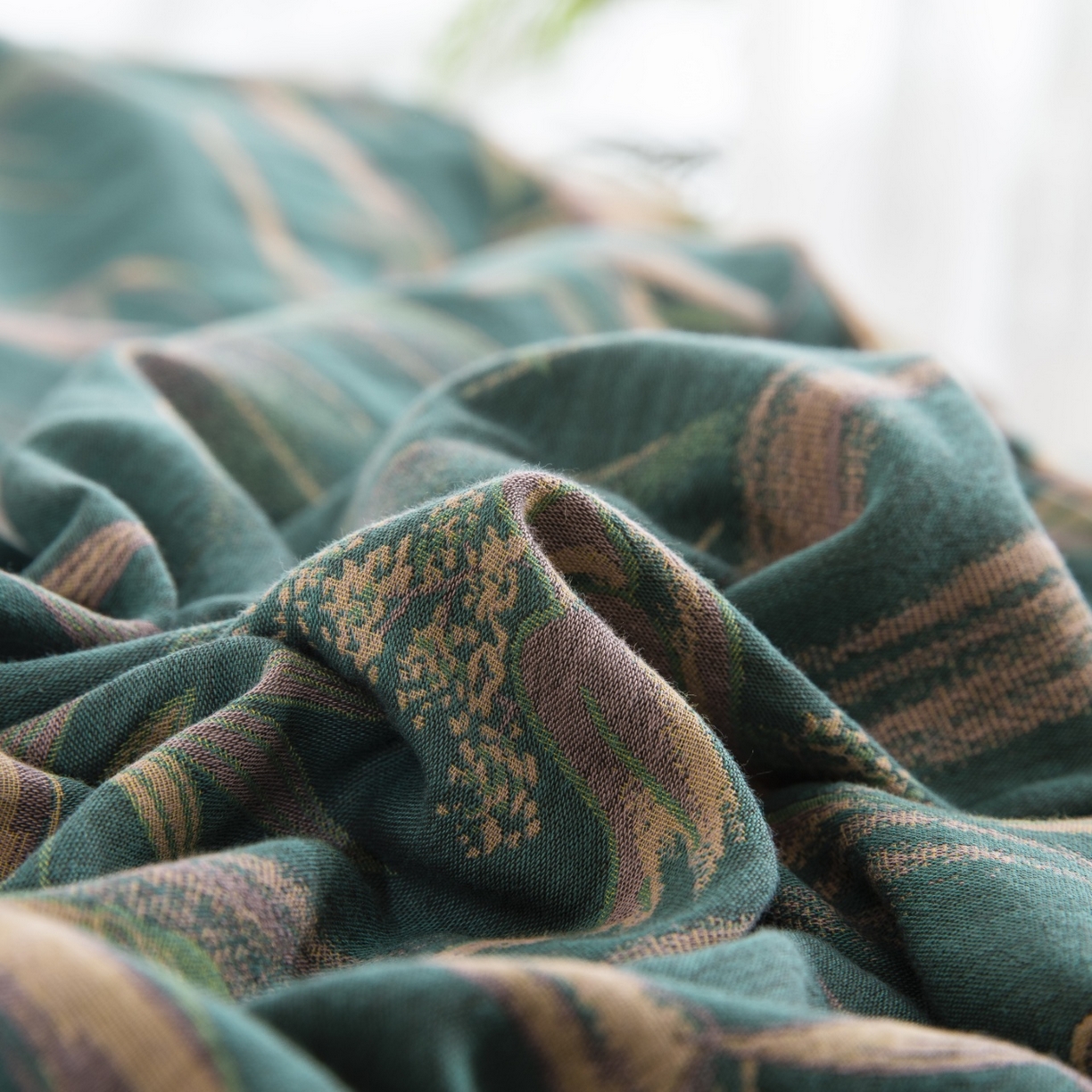 91家纺网 家纺一手货源 找家纺 双层纱家居 2026新款竹报平安全棉纯棉色织提花双层纱纽扣款四件套 竹报平安-绿