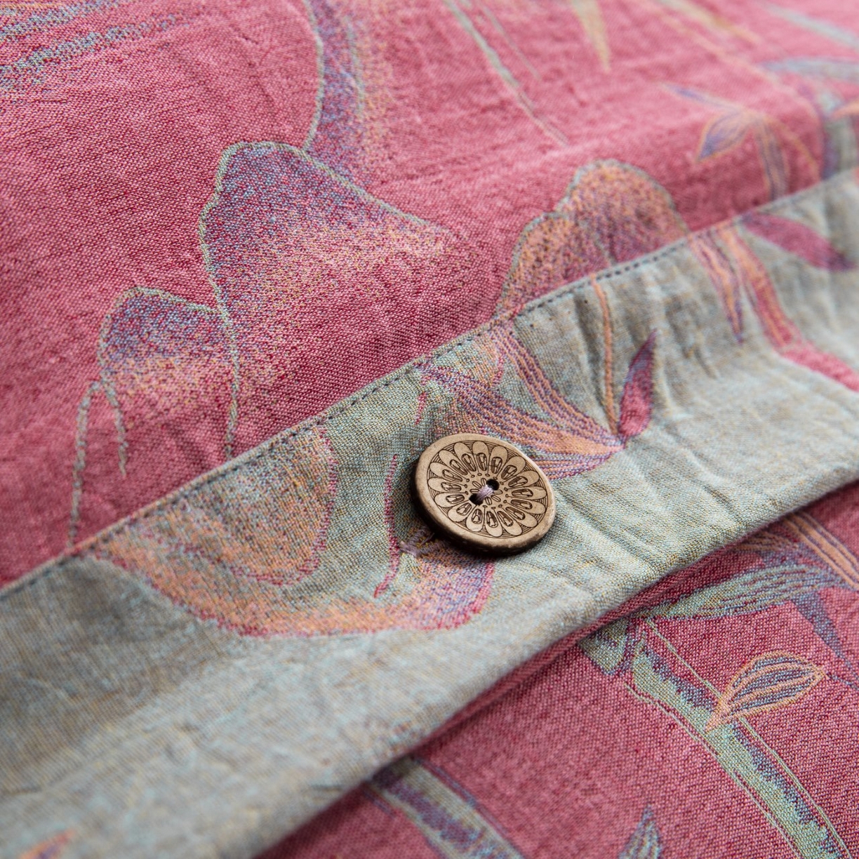 91家纺网 家纺一手货源 找家纺 双层纱家居 2026新款竹报平安全棉纯棉色织提花双层纱纽扣款四件套 竹报平安-粉