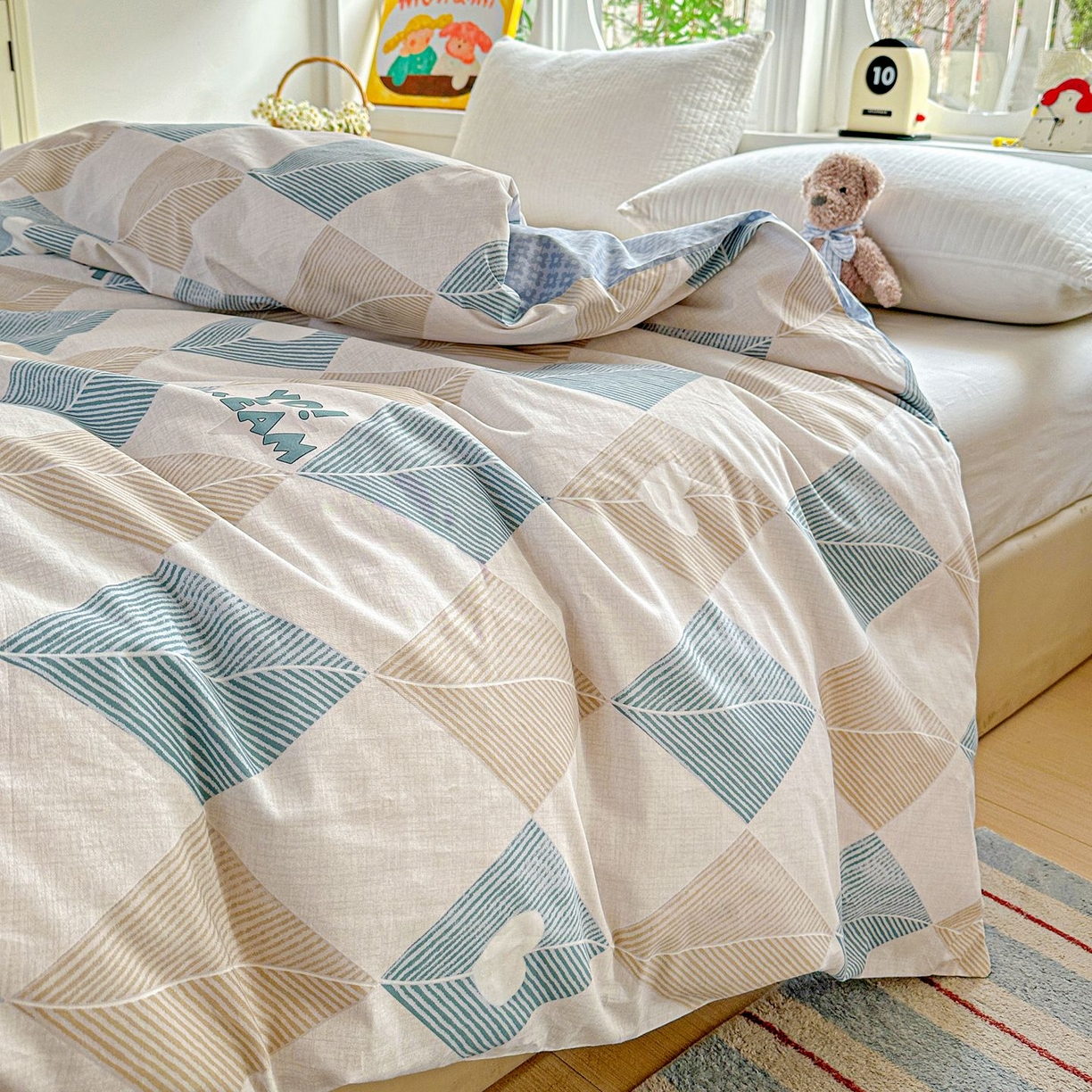 91家纺网 家纺一手货源 找家纺 恩泽家纺 2026新款13372ins全棉印花四件套单品系列-单被套 菱形世界