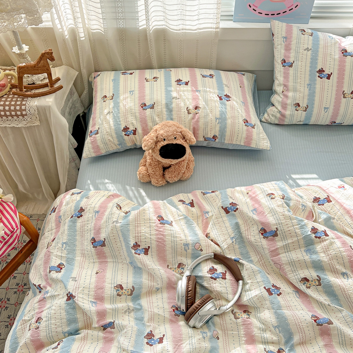 91家纺网 家纺一手货源 找家纺 王朝国际 2026新款A类彩竺棉印花四件套 小奶狗