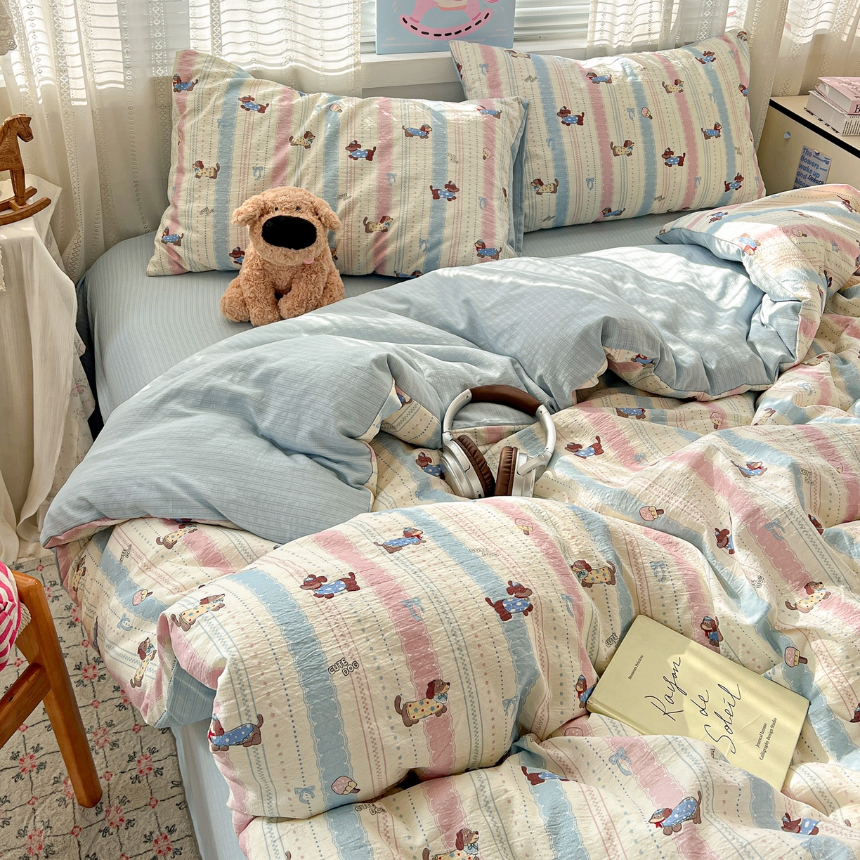 91家纺网 家纺一手货源 找家纺 王朝国际 2026新款A类彩竺棉印花四件套 小奶狗