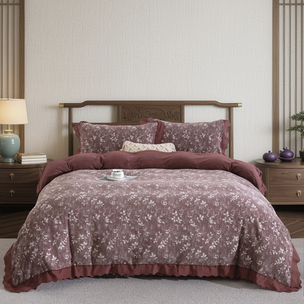 双层纱家居 2026新款甜梦花边镂空款四件套 甜梦豆沙