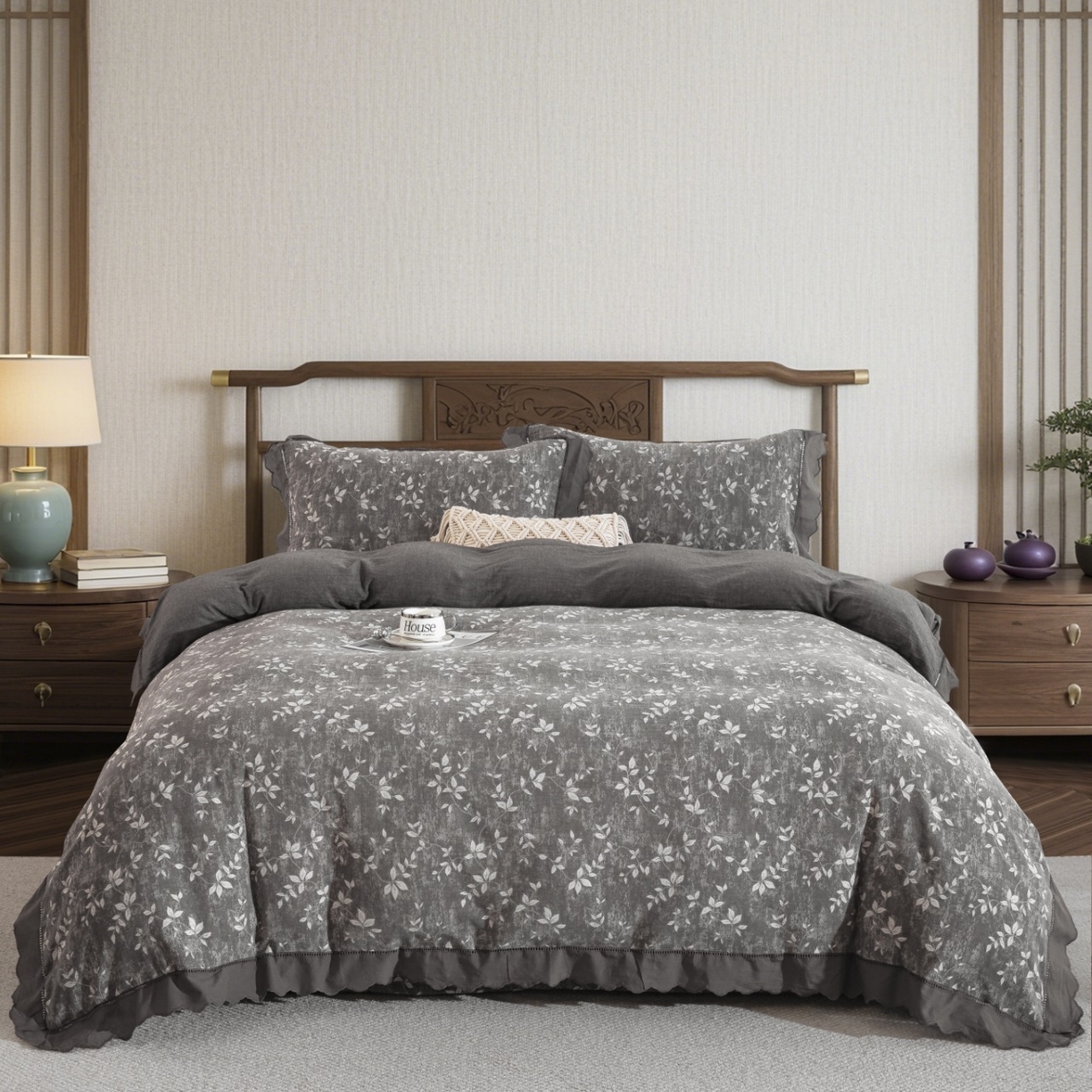 双层纱家居 2026新款甜梦花边镂空款四件套 甜梦灰