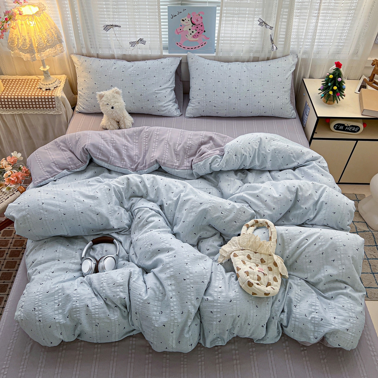 91家纺网 家纺一手货源 找家纺 王朝国际 2026新款A类彩竺棉印花四件套 星空蓝