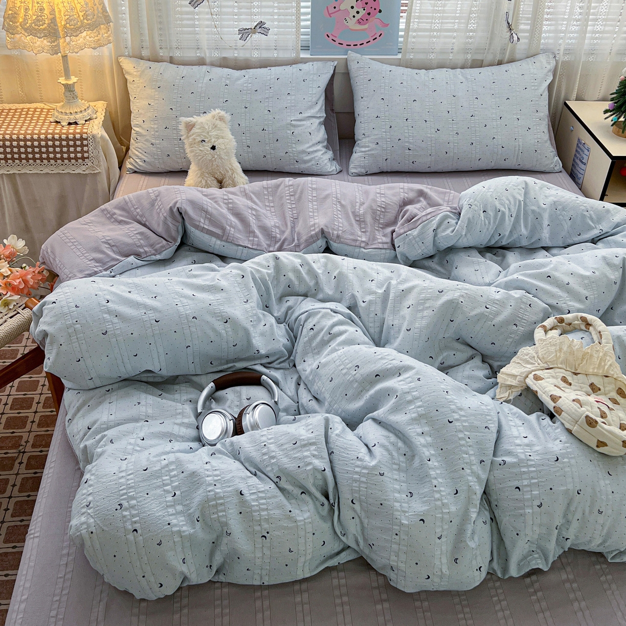 91家纺网 家纺一手货源 找家纺 王朝国际 2026新款A类彩竺棉印花四件套 星空蓝