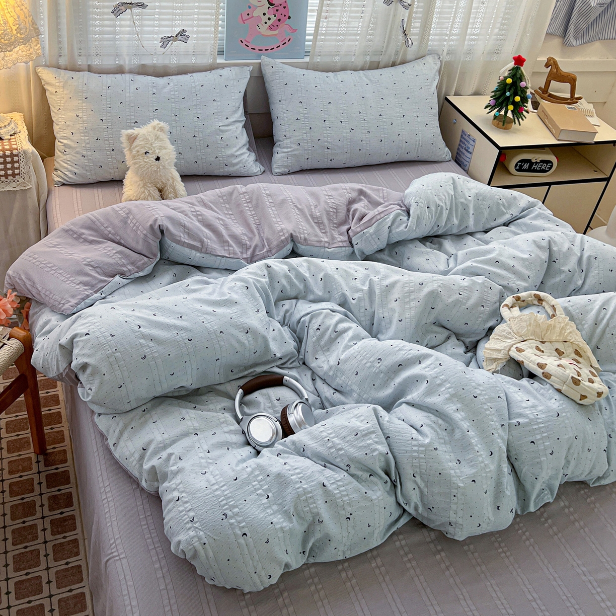 91家纺网 家纺一手货源 找家纺 王朝国际 2026新款A类彩竺棉印花四件套 星空蓝