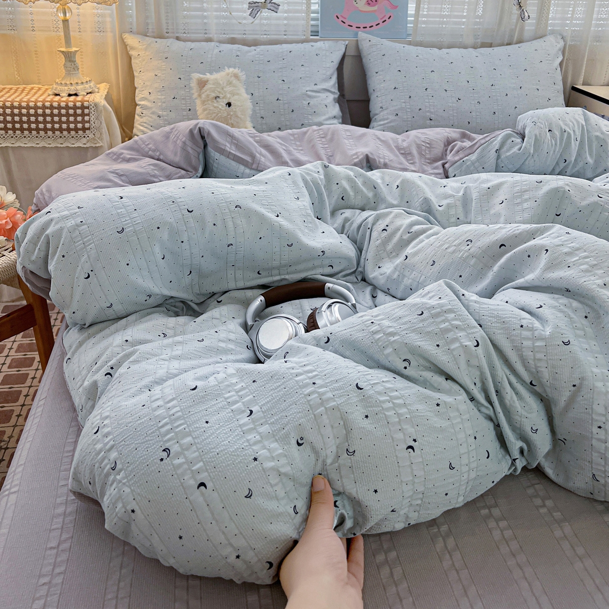 91家纺网 家纺一手货源 找家纺 王朝国际 2026新款A类彩竺棉印花四件套 星空蓝