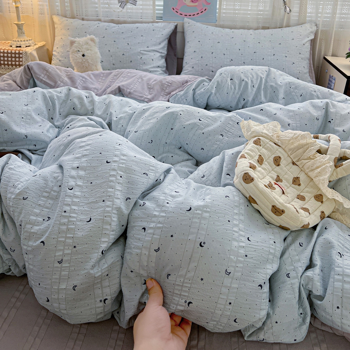 91家纺网 家纺一手货源 找家纺 王朝国际 2026新款A类彩竺棉印花四件套 星空蓝