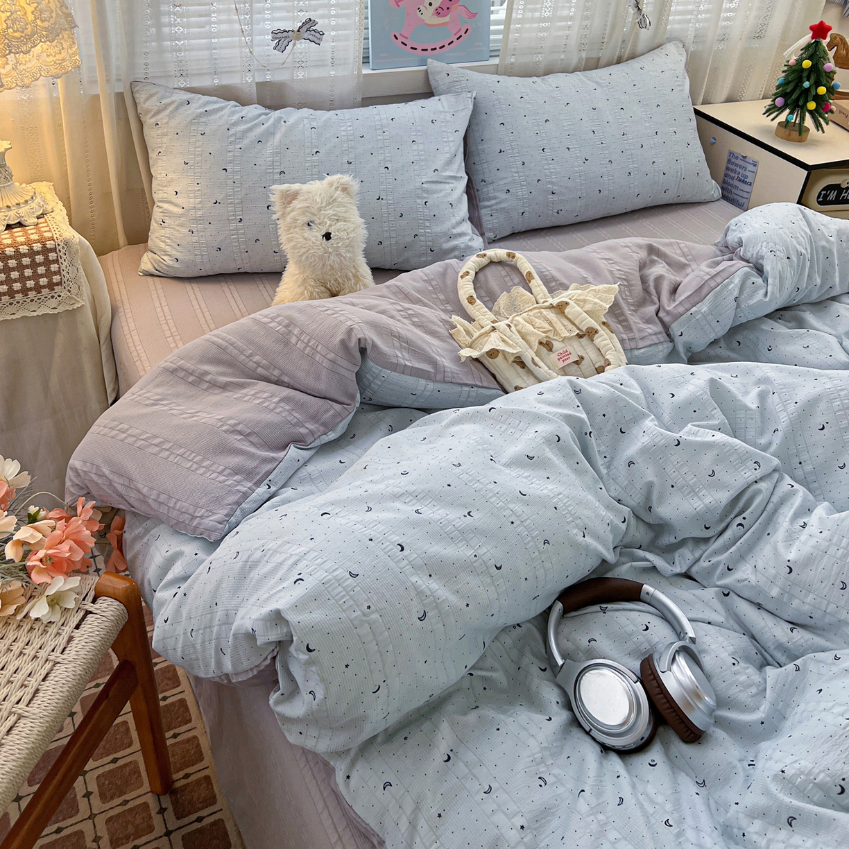 91家纺网 家纺一手货源 找家纺 王朝国际 2026新款A类彩竺棉印花四件套 星空蓝