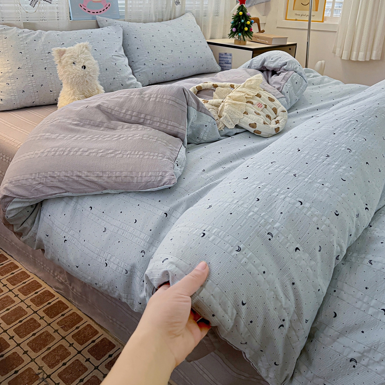 91家纺网 家纺一手货源 找家纺 王朝国际 2026新款A类彩竺棉印花四件套 星空蓝