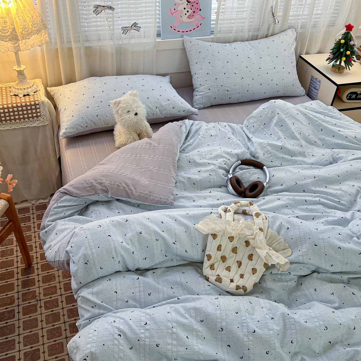 91家纺网 家纺一手货源 找家纺 王朝国际 2026新款A类彩竺棉印花四件套 星空蓝