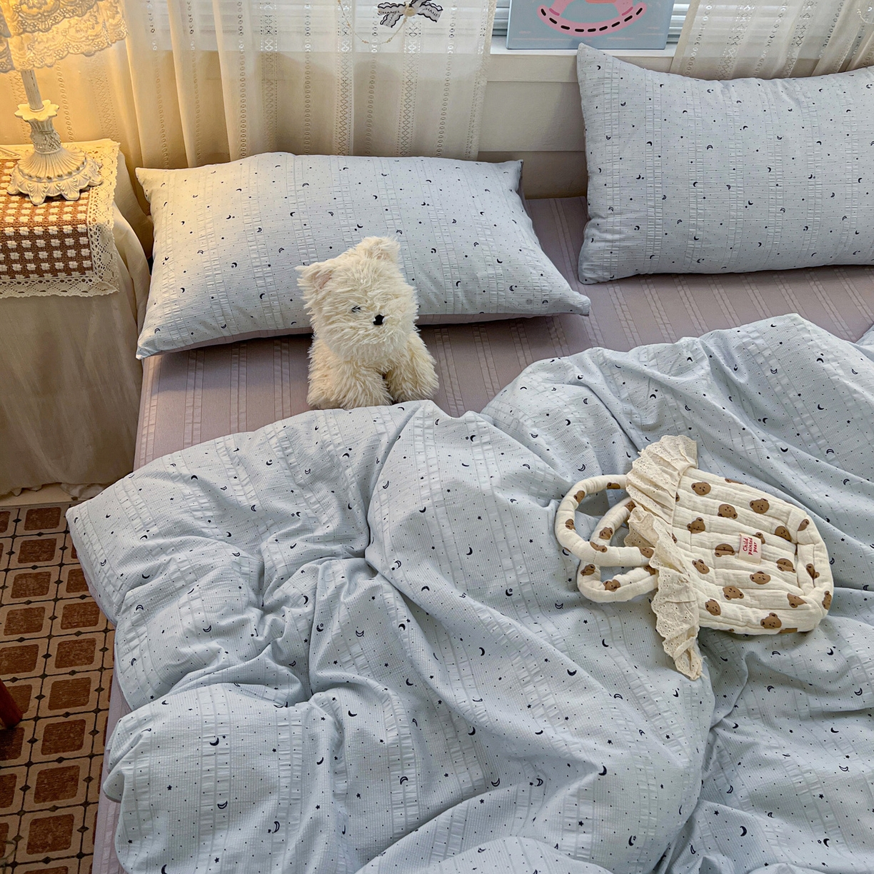 91家纺网 家纺一手货源 找家纺 王朝国际 2026新款A类彩竺棉印花四件套 星空蓝