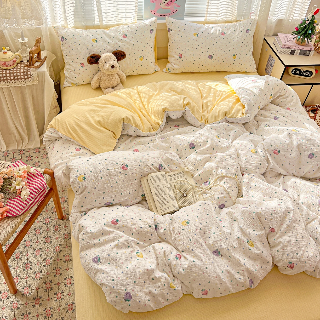 91家纺网 家纺一手货源 找家纺 王朝国际 2026新款A类彩竺棉印花四件套 芝士莓莓