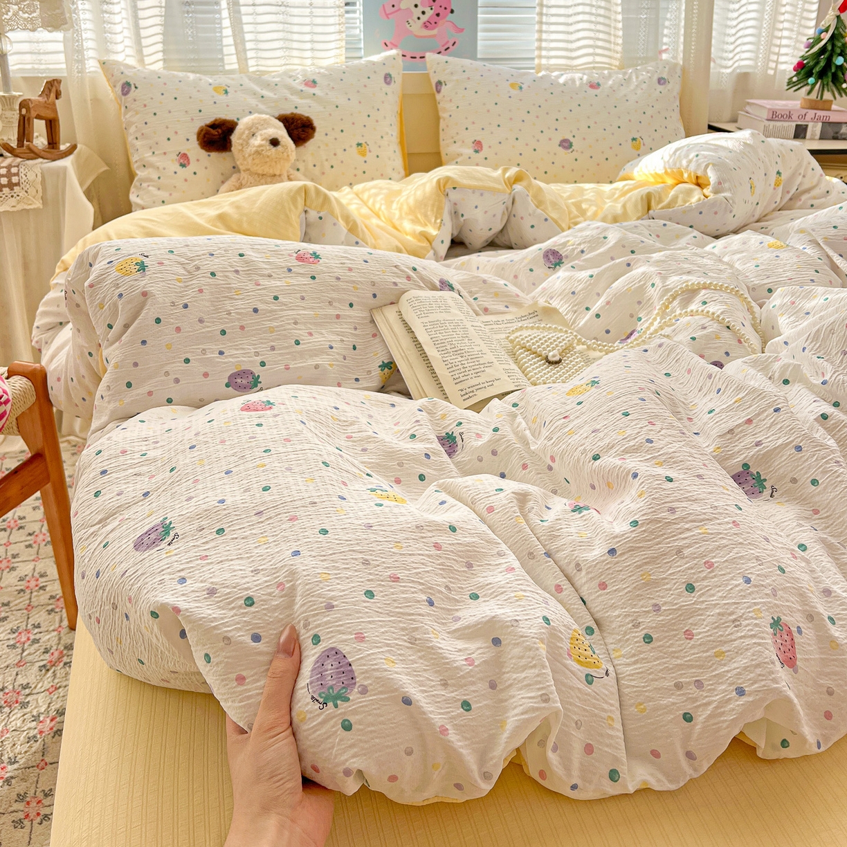 91家纺网 家纺一手货源 找家纺 王朝国际 2026新款A类彩竺棉印花四件套 芝士莓莓