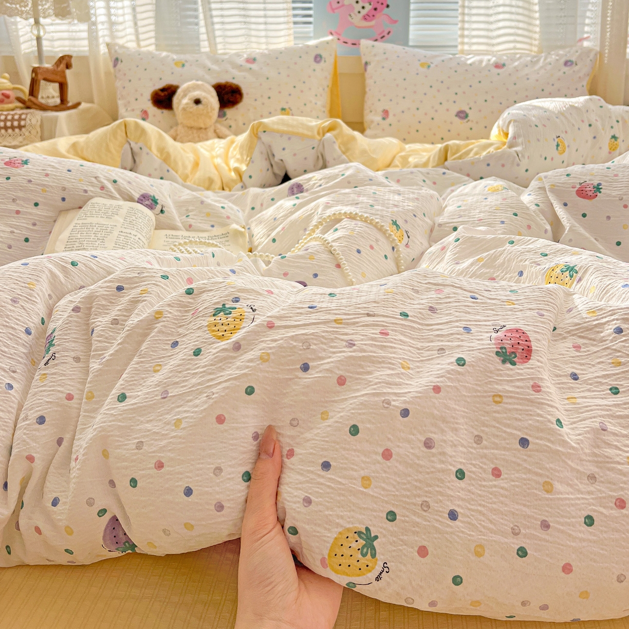 91家纺网 家纺一手货源 找家纺 王朝国际 2026新款A类彩竺棉印花四件套 芝士莓莓