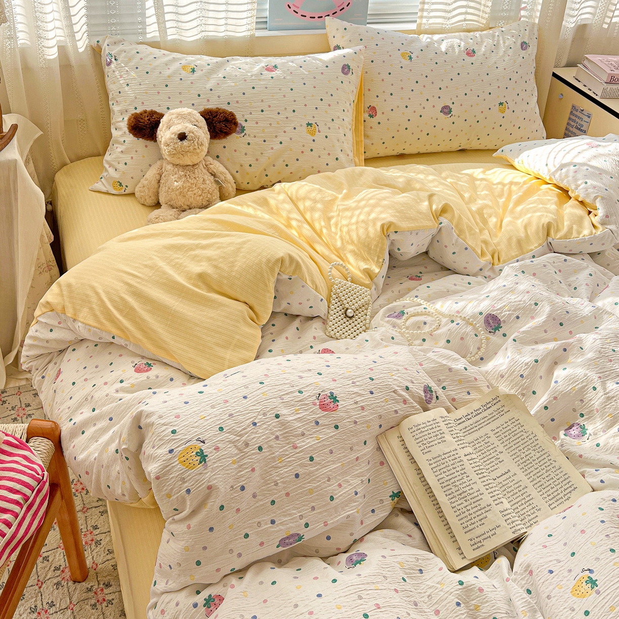 91家纺网 家纺一手货源 找家纺 王朝国际 2026新款A类彩竺棉印花四件套 芝士莓莓