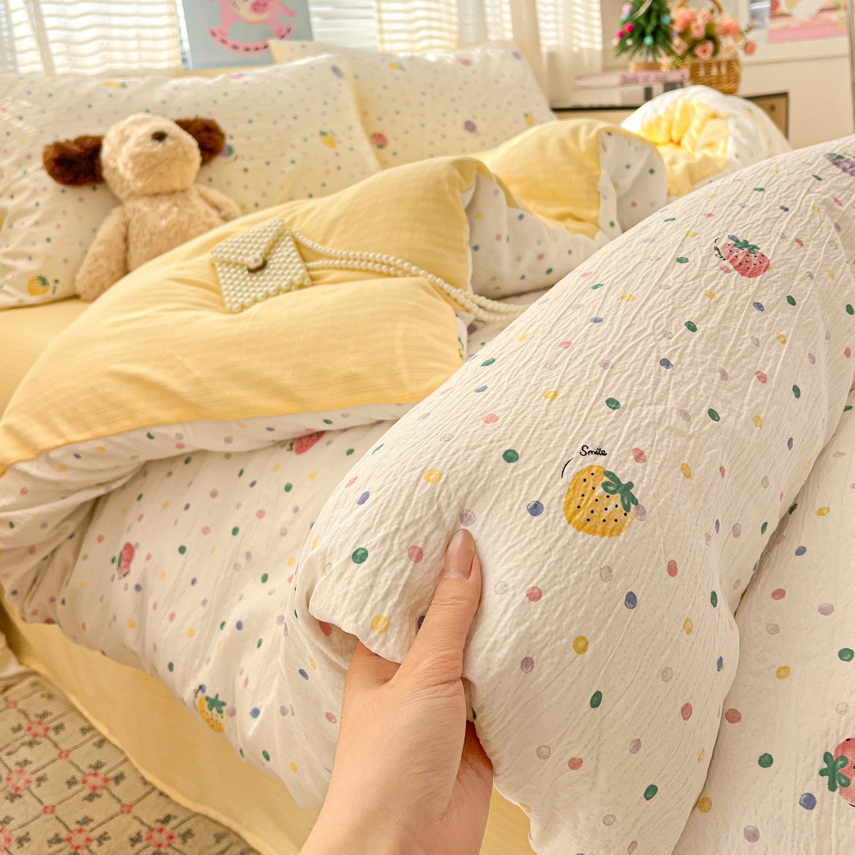 91家纺网 家纺一手货源 找家纺 王朝国际 2026新款A类彩竺棉印花四件套 芝士莓莓