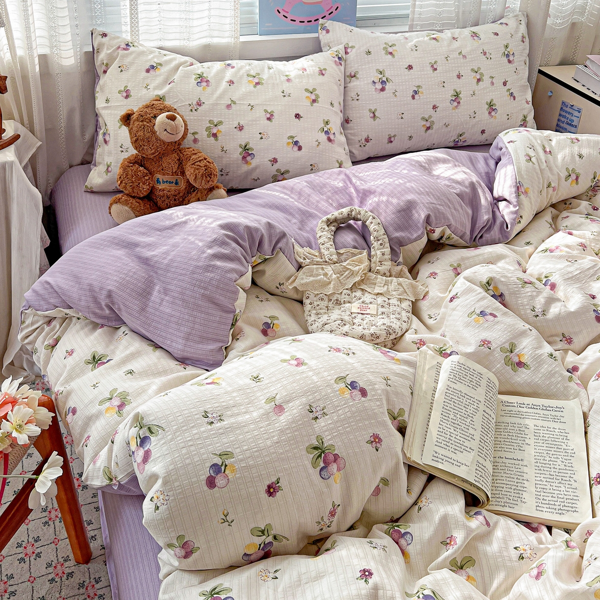 91家纺网 家纺一手货源 找家纺 王朝国际 2026新款A类彩竺棉印花四件套 紫葡萄