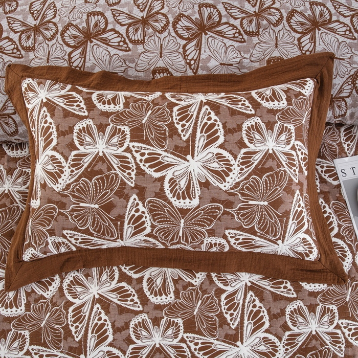 91家纺网 家纺一手货源 找家纺 双层纱家居 2026新款梦蝶三层纱床盖飞边款四件套 梦蝶-咖色