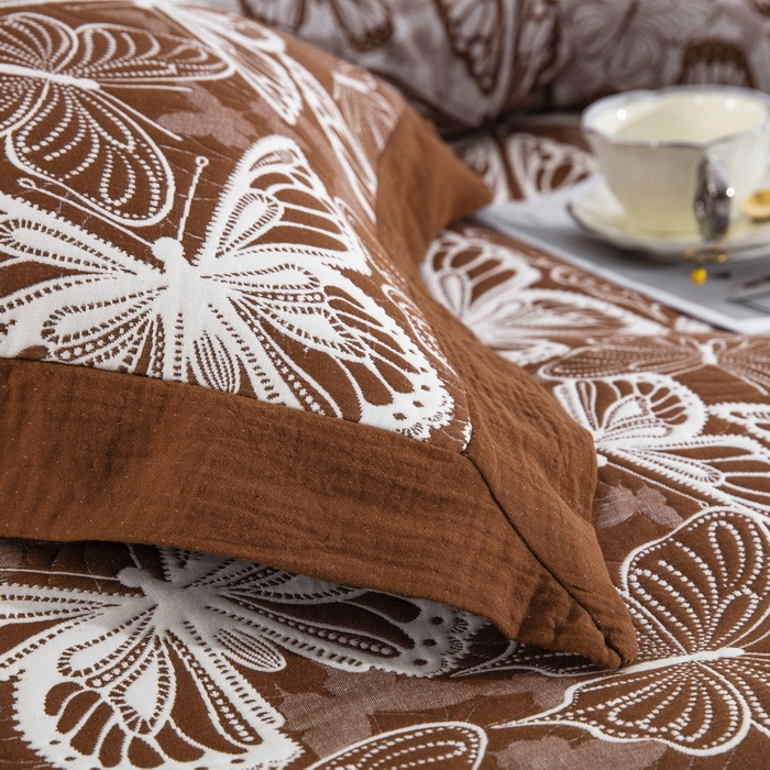 91家纺网 家纺一手货源 找家纺 双层纱家居 2026新款梦蝶三层纱床盖飞边款四件套 梦蝶-咖色