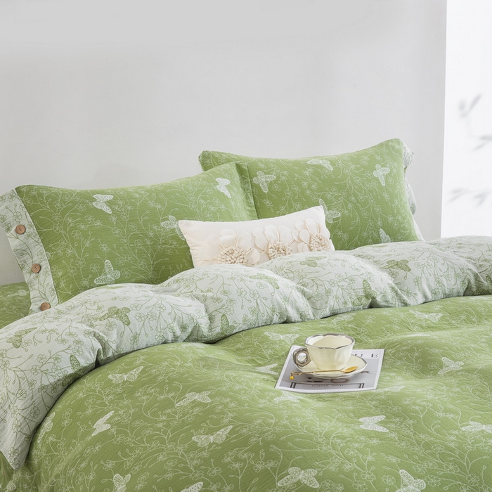 91家纺网 家纺一手货源 找家纺 （总）双层纱家居 2026新款全棉纯棉色织提花双层纱纽扣款四件套-迷蝶香