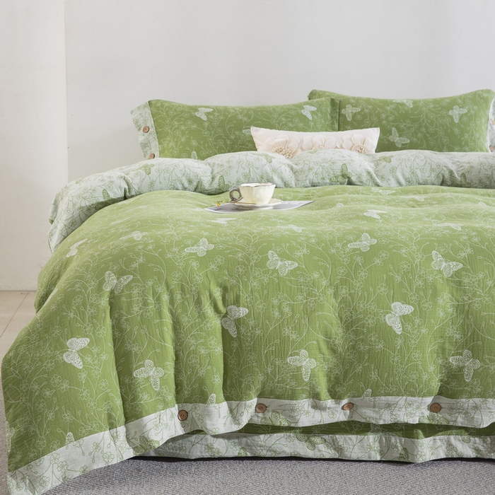 91家纺网 家纺一手货源 找家纺 （总）双层纱家居 2026新款全棉纯棉色织提花双层纱纽扣款四件套-迷蝶香