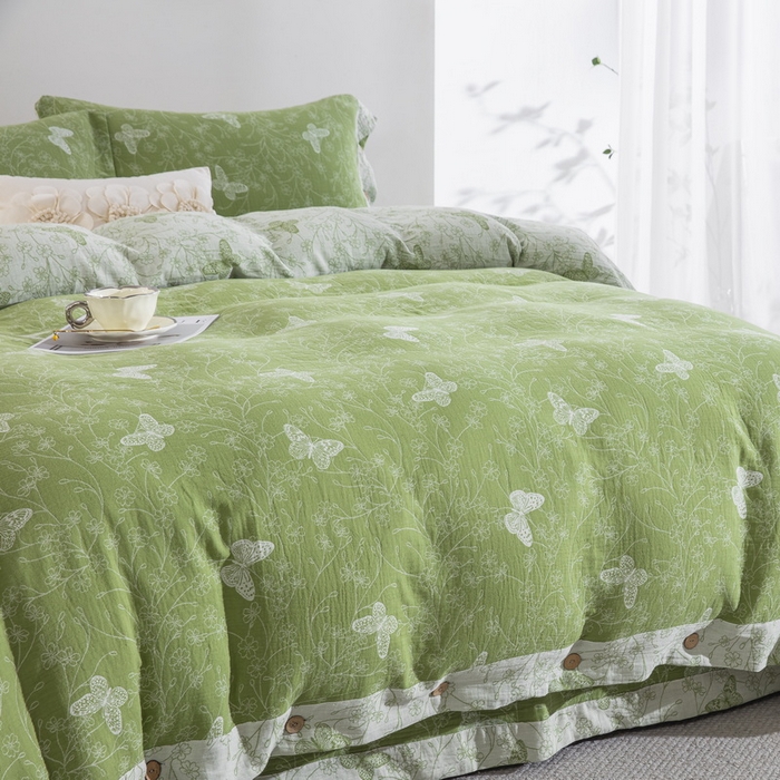 91家纺网 家纺一手货源 找家纺 （总）双层纱家居 2026新款全棉纯棉色织提花双层纱纽扣款四件套-迷蝶香